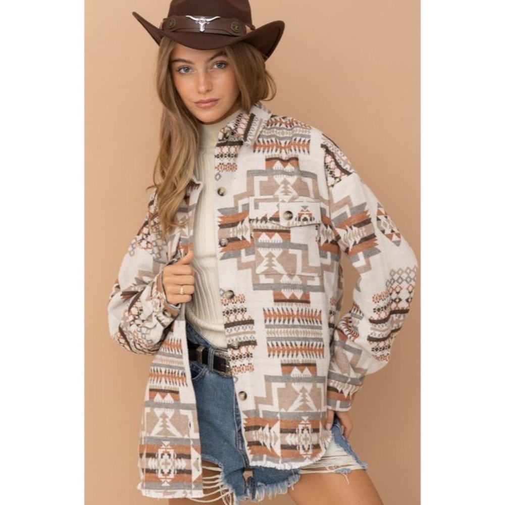 Plus Size Aztec Ethnic Western Shacket Jacket